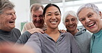 Senior friends, selfie and smile in exercise group with Asian personal trainer with laugh, excited face and teamwork. Elderly women, men and memory in gym, fitness and happy for post on social media