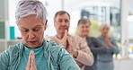 Old people in yoga class, exercise and meditation with breathing, wellness and retirement. Health, fitness and healing with group workout, holistic with zen and peace, mindfulness and vitality