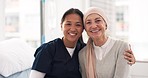 Hospital, nurse and senior woman hug for comfort, empathy and support for cancer patient. Healthcare, clinic and portrait of health worker embrace female person for medical care, service and help