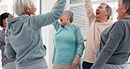 Fitness, hands together and senior people for exercise support, celebration and teamwork in workout class. Exercise, training goal and group of elderly man and women with high five for health success