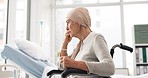 Depression, cancer and angry elderly woman at hospital in wheelchair frustrated after chemotherapy or treatment. Health, elderly care and lady patient with disability, sick or disease and Parkinson