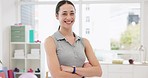 Smile, confidence and portrait of woman in office with arms crossed, management and professional pride at work. Happiness, startup business and proud face of businesswoman, leadership in workplace.