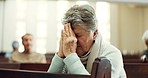 Worship, praying or old woman in church for God, holy spirit or religion in cathedral or Christian community. Faith, spiritual or elderly person in chapel sanctuary to praise Jesus Christ with hope