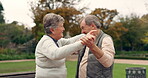 Love, dance and retirement with old couple in park for marriage, support and romance. Relax, happiness and music with senior man and woman dancing in nature for happy, holding hands or date together