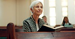 Bible, religion and a senior woman in a church for a sermon on faith or christian belief while sitting in a pew. Prayer, worship or reading with an elderly female person hearing about God and Jesus