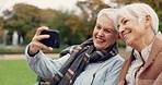 Senior, selfie and women in a park happy, bond and relax in nature on a bench together. Friends, old people and ladies smile for social media, profile picture or memory in forest chilling on weekend