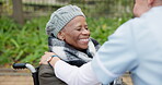 Nurse, smile and park with old woman in a wheelchair for retirement, elderly care and physical therapy. Trust, medical and healthcare with african patient and caregiver in nature for rehabilitation