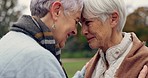 Love, connection and senior women being affection for romance and bonding on an outdoor date. Nature, commitment and elderly female couple in retirement with intimate moment in a green garden or park