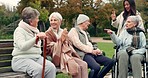 Friends, retirement and senior people in park for bonding, conversation and quality time together outdoors. Friendship, happy and elderly man and women with caregiver on bench for relaxing in nature