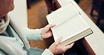 Reading, bible or hands of woman in church ready to worship God, holy spirit or religion in Christian cathedral. Faith, spiritual lady or person reading book in chapel praying to praise Jesus Christ