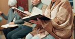 Praying, worship and hands of people in bible study for support, Christian and spiritual. Community, faith and religion with closeup of prayer group in church for connection, hope or meeting together