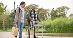 Nurse, support and walker with old woman in park for helping, person with a disability and retirement. Elderly care, nursing and rehabilitation with caregiver and patient in nature for healthcare