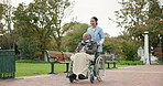 Nurse, walking and park with old woman in a wheelchair for retirement, elderly care and physical therapy. Trust, medical and healthcare with senior patient and caregiver in nature for rehabilitation