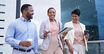 Walking, talking and business people on balcony in city with tablet, discussion and brainstorming startup ideas. Conversation, online report or feedback with team, man and women on terrace together