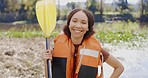 Kayak, lifejacket and woman by lake for rowing on holiday, vacation and adventure in nature. Water sports, travel and portrait of female person with safety vest for kayaking, canoeing and paddle boat