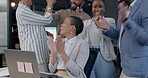 Clapping, laptop and business people high five in night bonus, financial goals or profit celebration in office. Accountant, winner group or men and women applause, success or reading news on computer