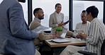 Talking, meeting and business people planning at work for teamwork, morning agenda or a schedule. Happy, diversity and corporate employees in conversation in an office for a strategy or project