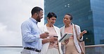 Business people on coffee break on balcony in city with tablet, discussion and brainstorming ideas for startup. Conversation, online report or feedback with team, man and women on terrace together.