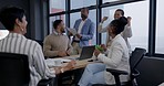 Happy, fun and business people with a dance in a meeting, celebration of success and collaboration. Excited, laughing and corporate employees dancing together in an office for motivation together