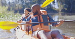 Kayak, nature and confused with couple in lake for travel, fitness and adventure. Vacation, journey and sustainability with black man and woman in canoeing boat in forest for sports, action or rowing