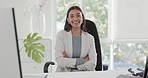 Face, pride and a woman with arms crossed in an office for a corporate job and working as an advocate. Smile, justice and portrait of a female lawyer with confidence in a legal career as an attorney