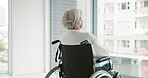 Thinking, woman in wheelchair and window in nursing home or person with disability in the hospital with depression or mental health. Depressed, sad and elderly person with
alzheimer or dementia