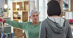 Physiotherapy, exercise and a senior patient with a woman for physical therapy or rehabilitation. Elderly person with a physiotherapist for muscle workout, support and health care in retirement