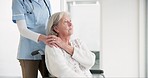 Nurse, elderly woman and wheelchair for holding hands, care and thinking in rehabilitation at clinic. Medic, senior person with disability and mobility for empathy, kindness and respect with vision