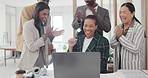 Success, applause and a black woman with employees and a laptop, high five and celebration of achievement. Win, excited and an African worker with an online promotion, goal or support from team