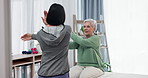 Physical therapy, stretching and senior patient exercise with a woman for physiotherapy or rehabilitation. Elderly person with a physiotherapist for muscle workout or wellness support in retirement