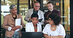 Diversity, business people and meeting for collaboration on laptop or planning project, work and employees talking about idea or strategy. Group, brainstorming discussion and teamwork on computer