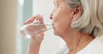 Healthy, hydration and senior woman drinking water for wellness and liquid diet detox at home. Thirsty, fresh and calm elderly female person enjoying glass of cold drink in modern retirement house.