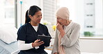 Nurse, hospital and patient with results on tablet about cancer with trust or support for eating food. Medical, professional and counselling with caregiver for woman with illness during consultation. 