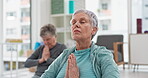 Old women, yoga and fitness, meditation with breathing and wellness, retirement and lotus pose. Health, exercise class and healing, female people workout with zen and mindfulness, vitality and peace