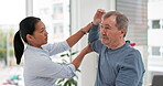 Old man, rehabilitation or physiotherapist stretching arm for or body recovery in consultation assessment. Resistance band, physiotherapy or patient healing pain with healthcare advice in clinic