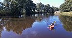 Kayak, people in boat and lake with sports and nature, paddle and exercise with camping activity outdoor. Woods, river and adventure, fitness and active in summer, freedom while rowing and top view