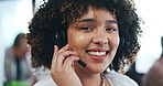 Call center, microphone and face of a woman with a smile in an office for crm and support. Portrait of female sales consultant or contact us agent for customer service, telemarketing or help desk