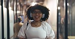 Headphones, happy and face of a woman in the office walking with her colleagues to her desk. Greeting, smile and portrait of a female creative designer listening to music, radio or song in workplace.