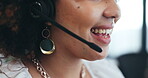 Call center, microphone and mouth of woman talking for crm, advice and support. Happy female consultant or sales agent in office for customer service, technical support and help desk or telemarketing