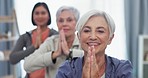 Old women, friends and yoga, meditation and wellness with mindfulness, zen and prayer pose in class. Female people, exercise and happy, holistic and healing with health, calm and peace with namaste