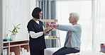 Senior woman, physical therapy and weights for injury and arm muscle check for health. Physiotherapy, elderly female patient and sport doctor with consultation and tablet for support and care