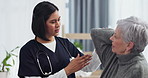 Medical, support and consulting with nurse and old woman for physical therapy, help and check up. Medicine, healthcare and rehabilitation with expert and senior patient for advice and results