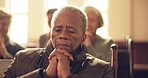 Senior African woman, praying and church for religion, faith or love for worship, mindset or gratitude. Elderly Christian lady, prayer and hands for meditation with mindfulness, peace or hope at mass