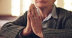 Prayer hands, church and senior woman worship, praise and spiritual gratitude. Hope, religion and christian person with faith for praying to God, Jesus and Holy Spirit for help, support and peace