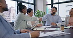 Success, meeting or happy business people shaking hands for deal agreement, sales goal or b2b negotiation. Smile, applause or excited manager with handshake to welcome a new employee in job promotion