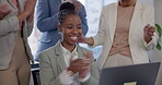 Success, applause or happy black woman with laptop in celebration of a deal, sales goal or online target. Smile, winner clapping or excited businesswoman winning a bonus prize on website or internet 