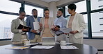 Tablet, business people or manager teaching in a meeting for planning, coaching or team training in office. Notes, learning digital media or black woman talking, helping or speaking of innovation