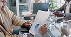 Hands, employees and working on tablet with pie chart for auditing or financial planning in company. Strategy, closeup and tech with professionals working on project to meet targets in accounting.