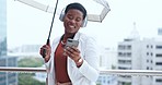 Umbrella, headphones and business woman in city with phone for streaming song, audio and radio in urban town. Rain, corporate worker and female person dance on balcony for office, travel and building