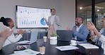 Clapping, celebration and office presentation with motivation in a business meeting. Teamwork, applause and achievement of staff and workforce feeling excited from female worker speech with smile